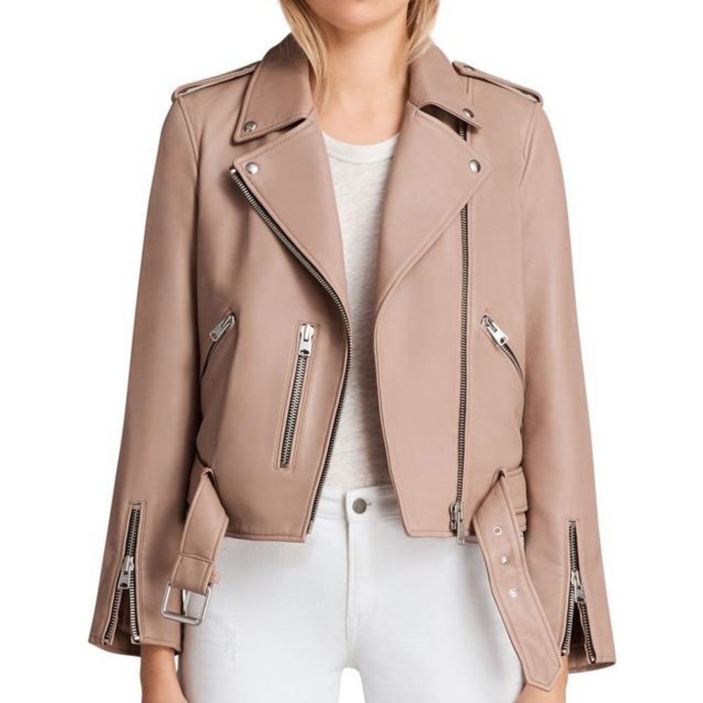 $700 All Saints Balfern lamb leathet biker moto zip jacket in blush size US 4
